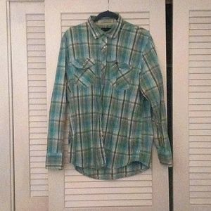 Inc XL snap button shirt 100%cotton light blue with white and smoke grey stripes